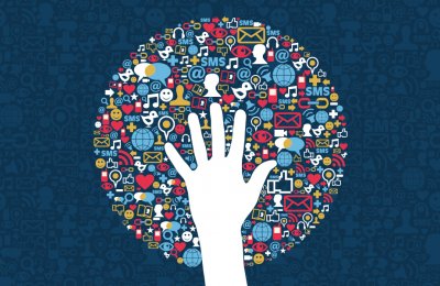Graphic of a hand on top of a circle illustrating different social connections like email and instant messaging
